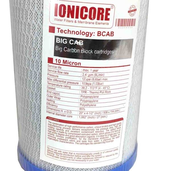 Etichetta Ionicore Cartuccia Big Cab Carbon Block 20 10 Micron